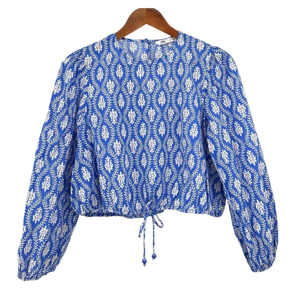 ZARA Oversized Crop Top Blue Cotton Drawstring Long Ballon Sleeves Women's Small